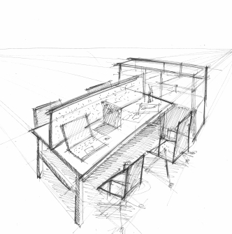 Croquis d'un bureau fait au crayon, avec les lignes et points de fuite pour la perspective