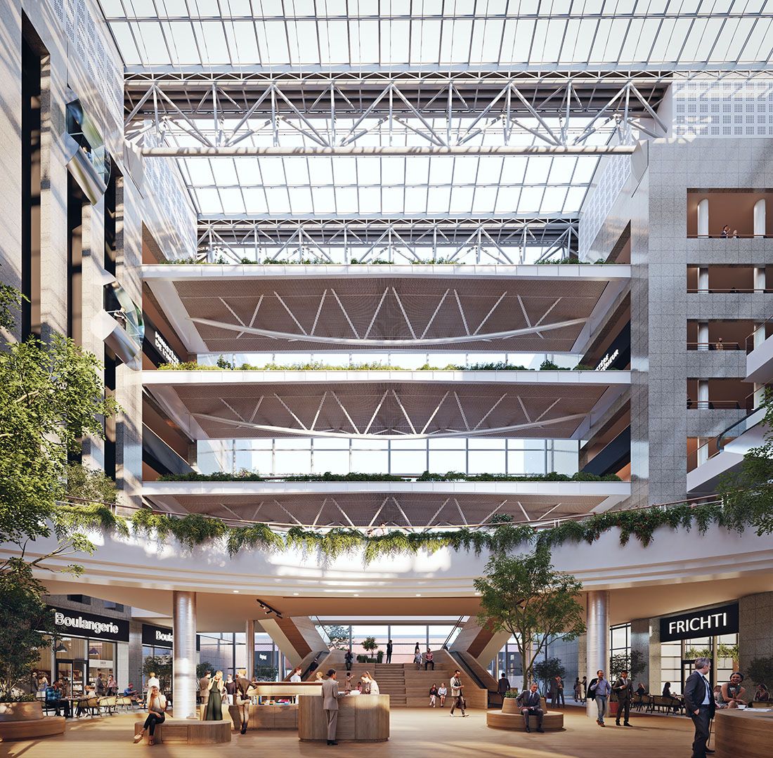 Vue de la verrière du grand hall et des différents étages visibles