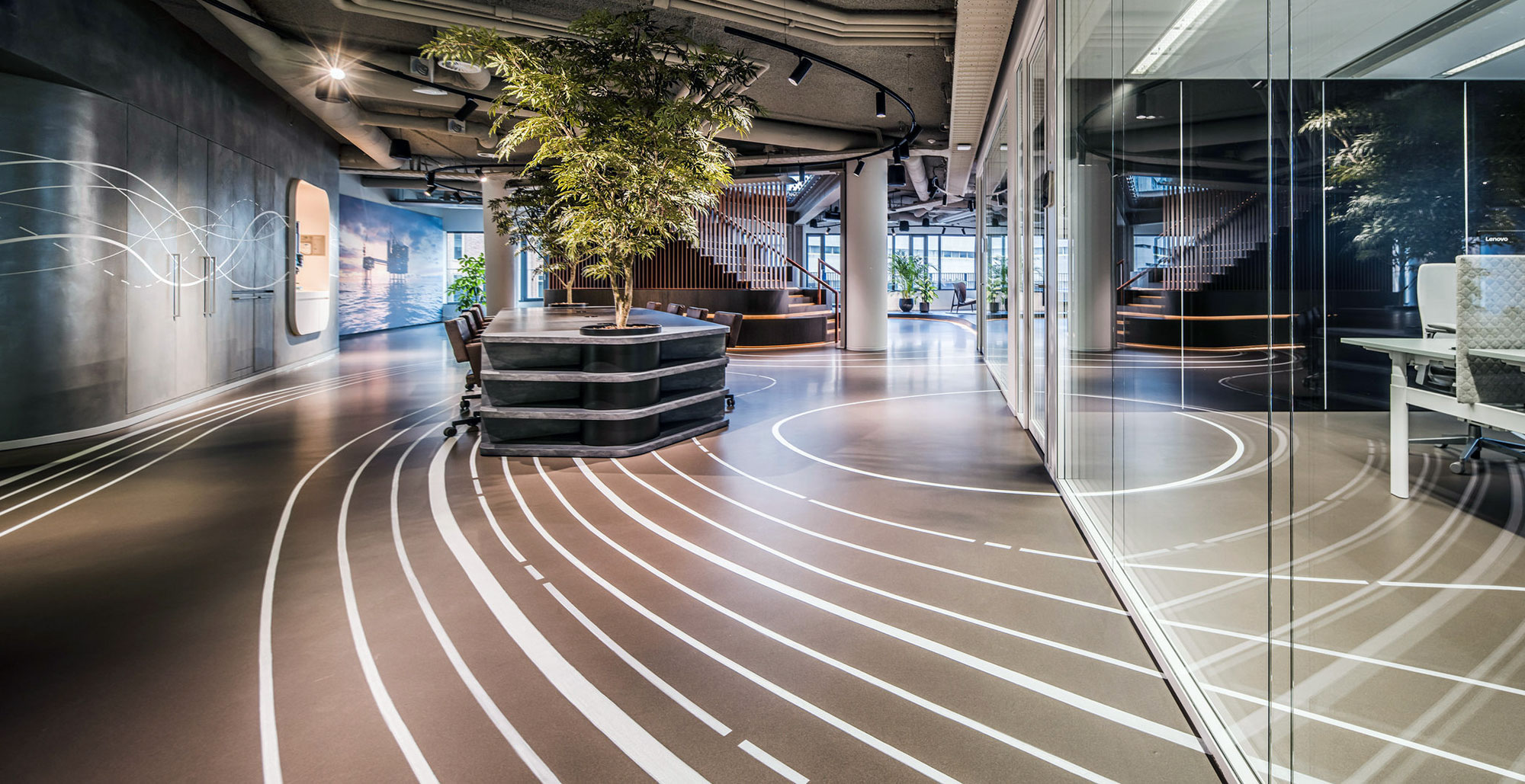 Vue du RDC, des lignes sont peintes au sol, une plante décorative est au centre de l'espace, une salle de réunion sur la droite et le grand escalier dans le fond