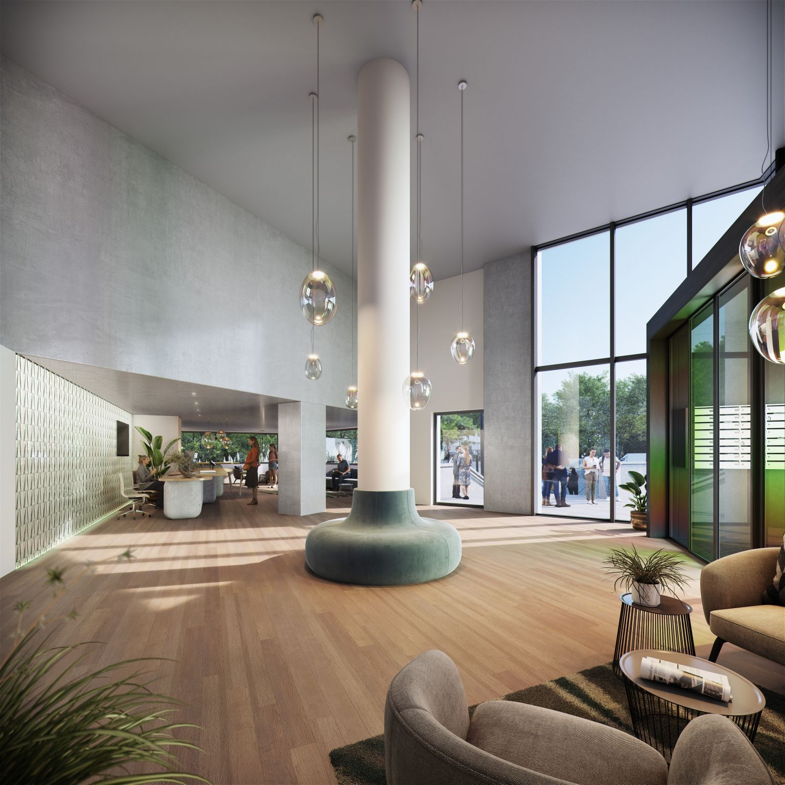 Vue 3D de l'accueil de Converteo, un pilier central avec des luminaires suspendus, différentes assises et une grande baie vitrée à l'entrée