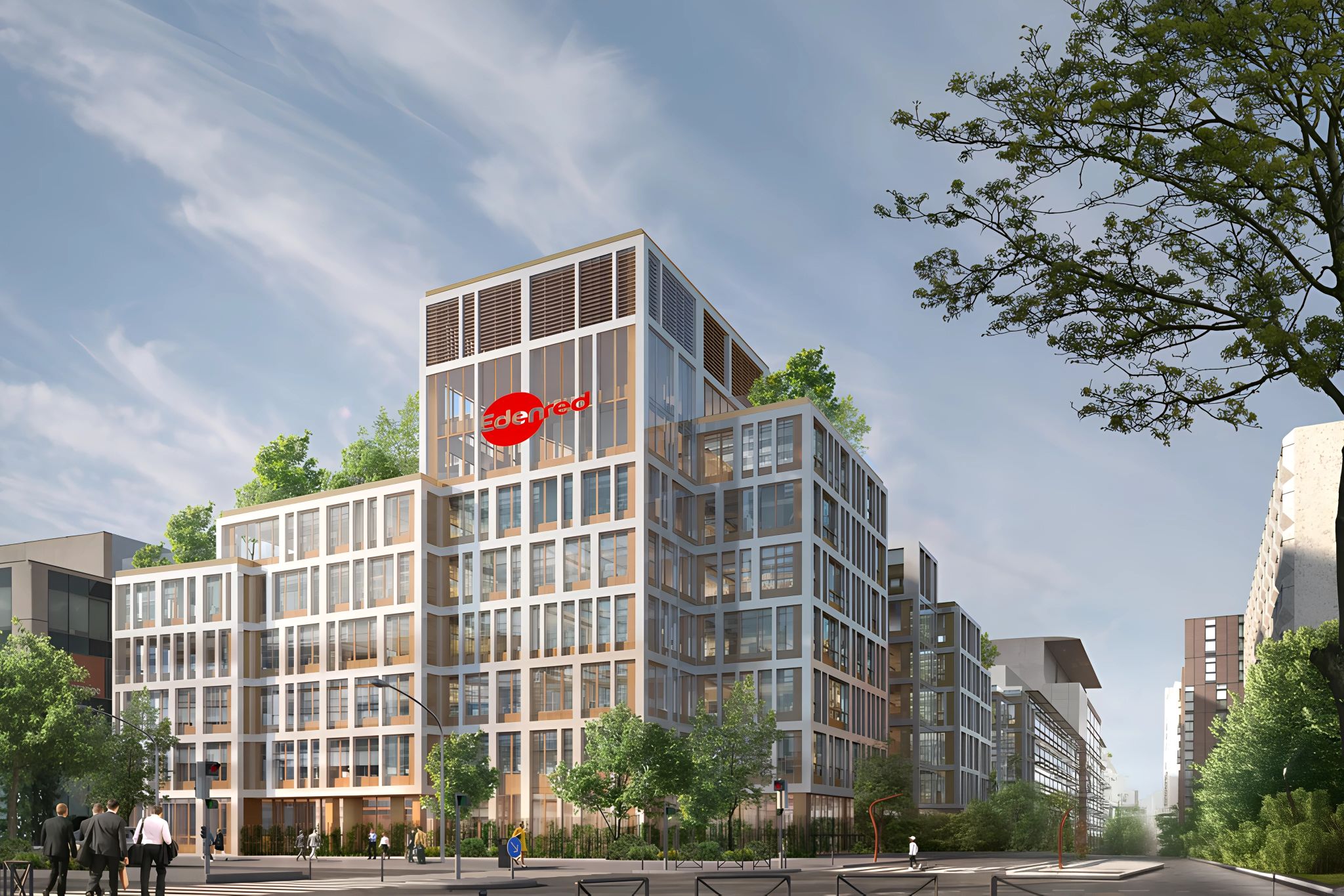 Vue extérieur du bâtiment Edenred avec leur logo affiché en grand sur la façade vitrée